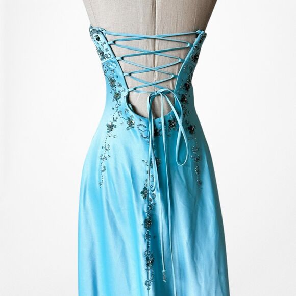 Vintage Y2K Pastel Blue Strapless Floral Beaded Satin Maxi Prom Dress Size S - Picture 11 of 14